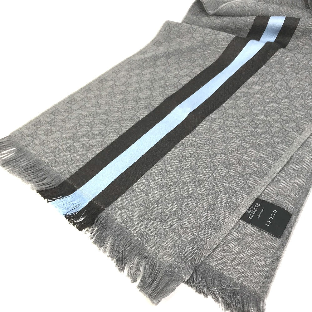 GUCCI Scarf 542984 Wool, Silk Gray x blue x black GG mens Used Authentic