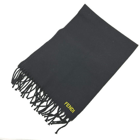 FENDI Scarf wool black fringe Leopard motif Women Used Authentic