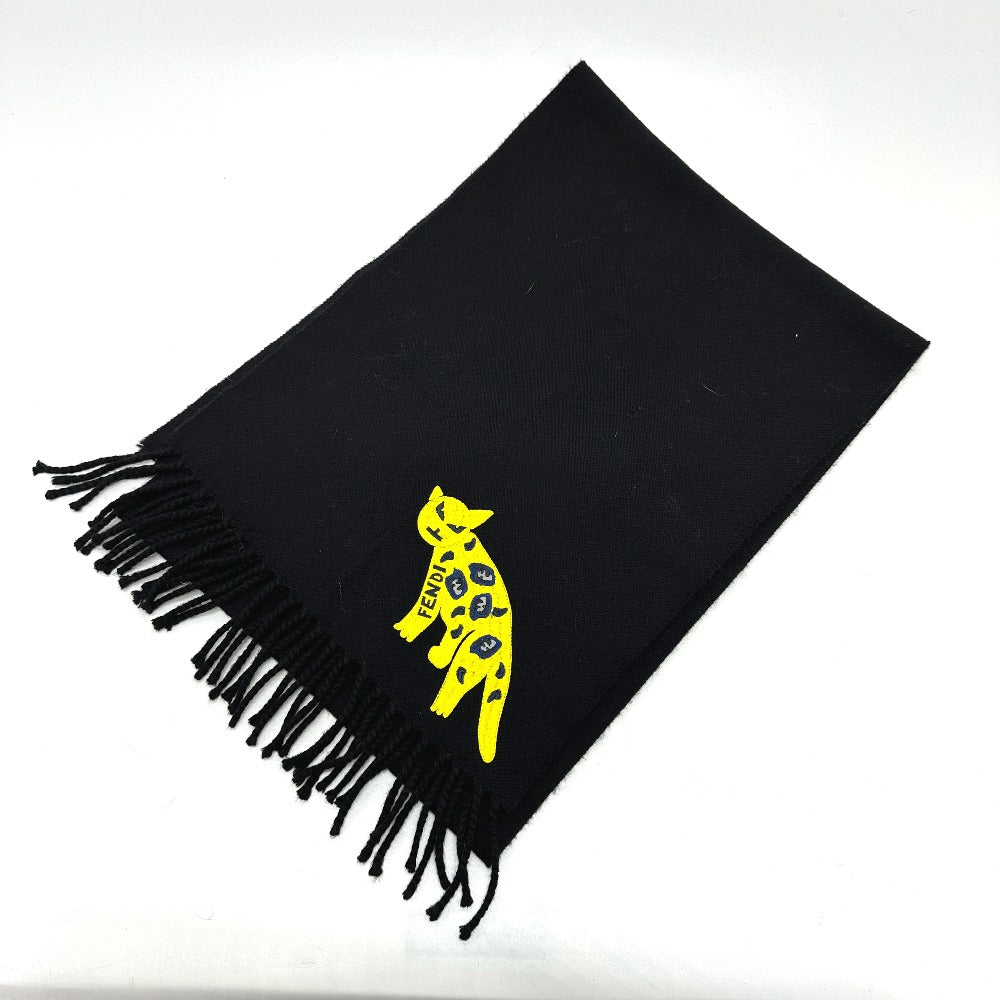 FENDI Scarf wool black fringe Leopard motif Women Used Authentic