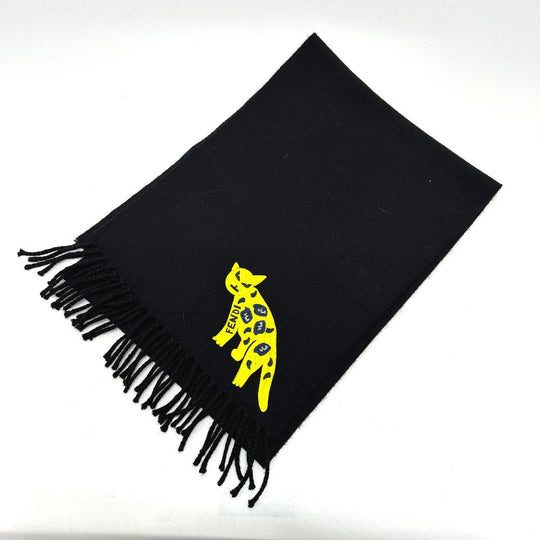 FENDI Scarf wool black fringe Leopard motif Women Used Authentic