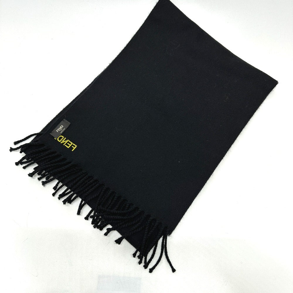 FENDI Scarf wool black fringe Leopard motif Women Used Authentic