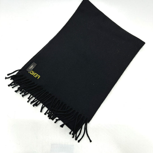 FENDI Scarf wool black fringe Leopard motif Women Used Authentic