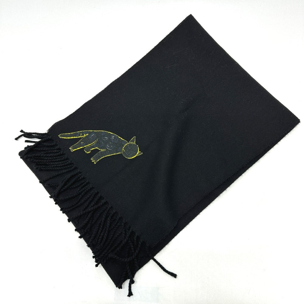 FENDI Scarf wool black fringe Leopard motif Women Used Authentic