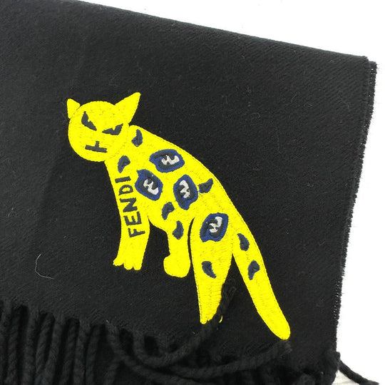 FENDI Scarf wool black fringe Leopard motif Women Used Authentic