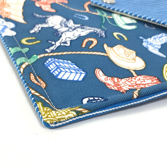 HERMES Pouch cotton blue flat Western Company GM Women Used Authentic