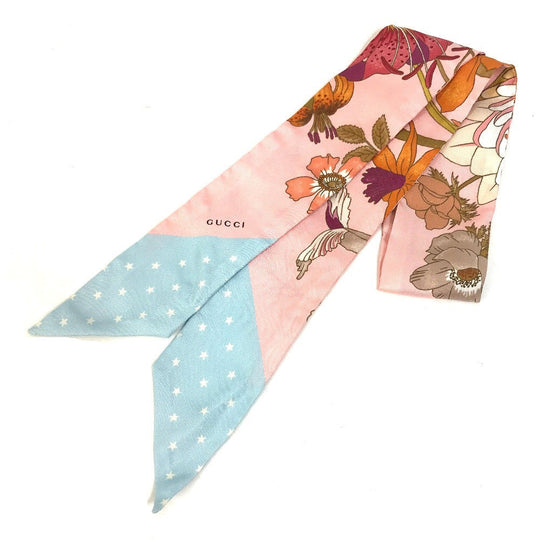 GUCCI scarf 583480 silk pink Flora floral pattern flower Neck bow Women Used Authentic