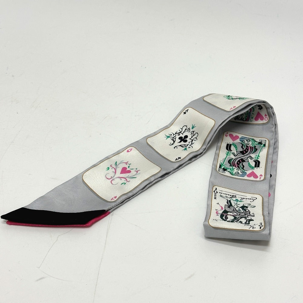 HERMES scarf silk gray Trump Pattern Twilly Women Used Authentic