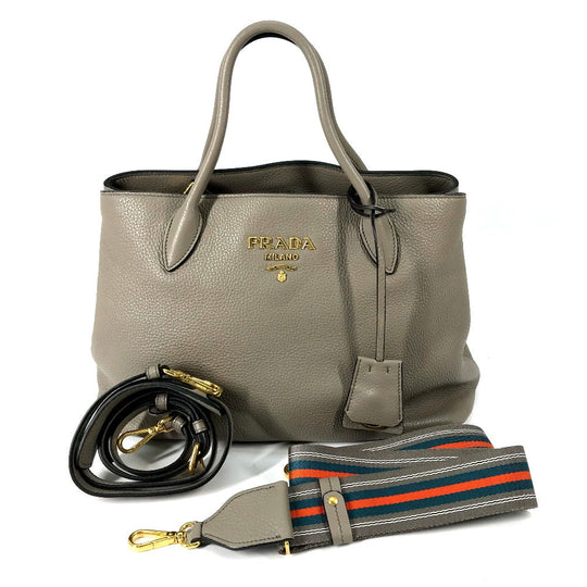 PRADA Shoulder Bag 1BA579 leather gray logo VIT.DAINO Women Used Authentic