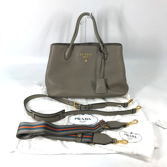 PRADA Shoulder Bag 1BA579 leather gray logo VIT.DAINO Women Used Authentic