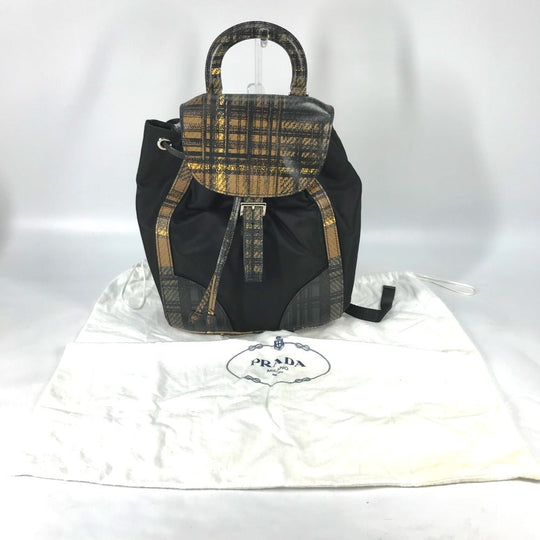 PRADA Backpack 1BZ038 Nylon / leather black Triangle logo plate check mens Used Authentic