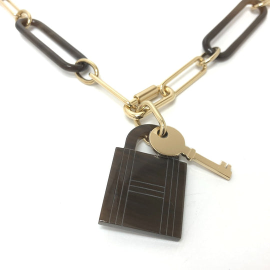 HERMES Necklace Gold Plated, Buffalo Leather Brown Amulet Padlock GM Women Used Authentic