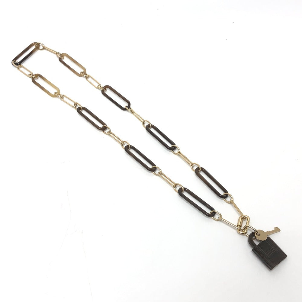 HERMES Necklace Gold Plated, Buffalo Leather Brown Amulet Padlock GM Women Used Authentic