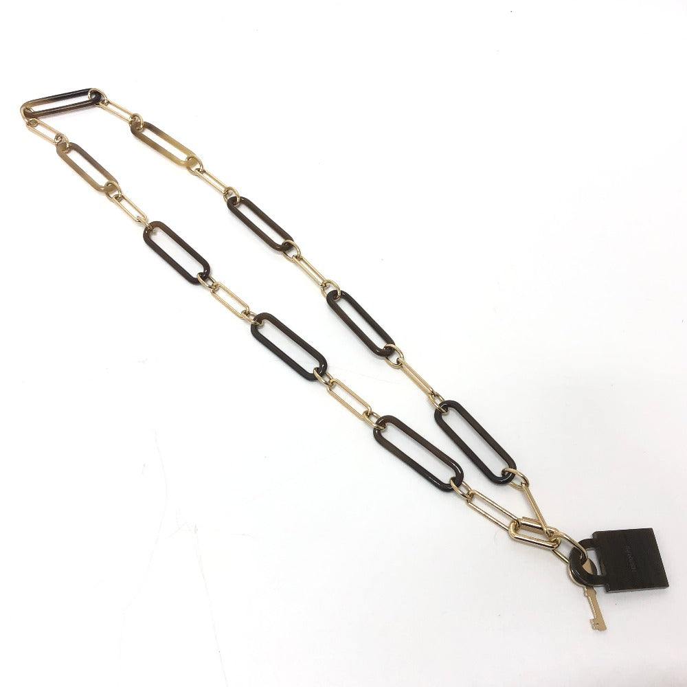 HERMES Necklace Gold Plated, Buffalo Leather Brown Amulet Padlock GM Women Used Authentic