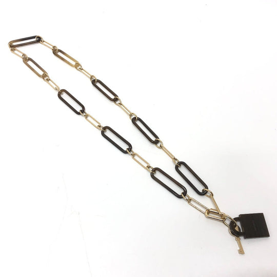 HERMES Necklace Gold Plated, Buffalo Leather Brown Amulet Padlock GM Women Used Authentic