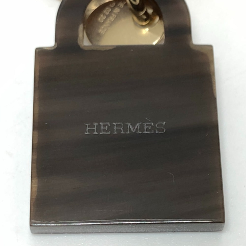 HERMES Necklace Gold Plated, Buffalo Leather Brown Amulet Padlock GM Women Used Authentic