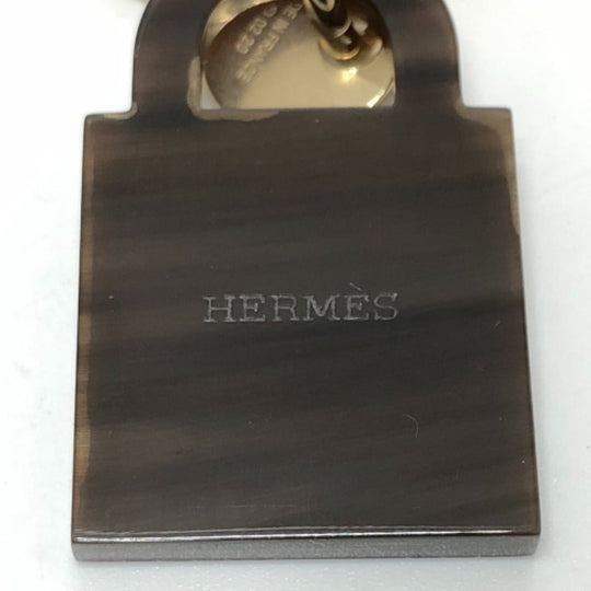 HERMES Necklace Gold Plated, Buffalo Leather Brown Amulet Padlock GM Women Used Authentic