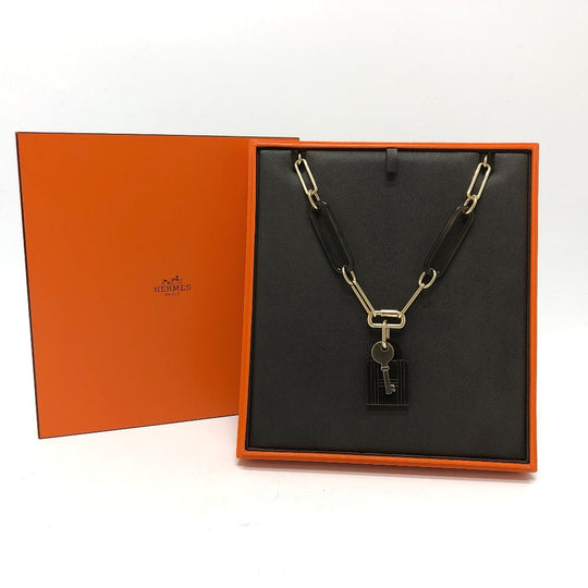 HERMES Necklace Gold Plated, Buffalo Leather Brown Amulet Padlock GM Women Used Authentic