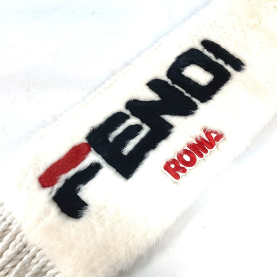 FENDI Scarf FNG477 fur white FILA collaboration logo Women Used Authentic