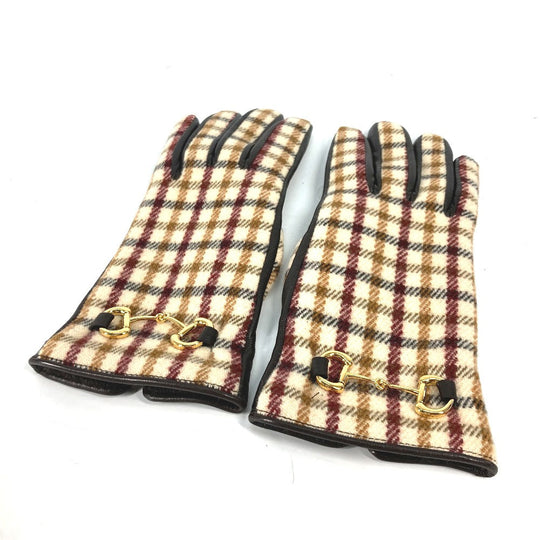 GUCCI Glove 603635 Wool/Cashmere, Leather Brown check Horsebit Women 7 S Used Authentic