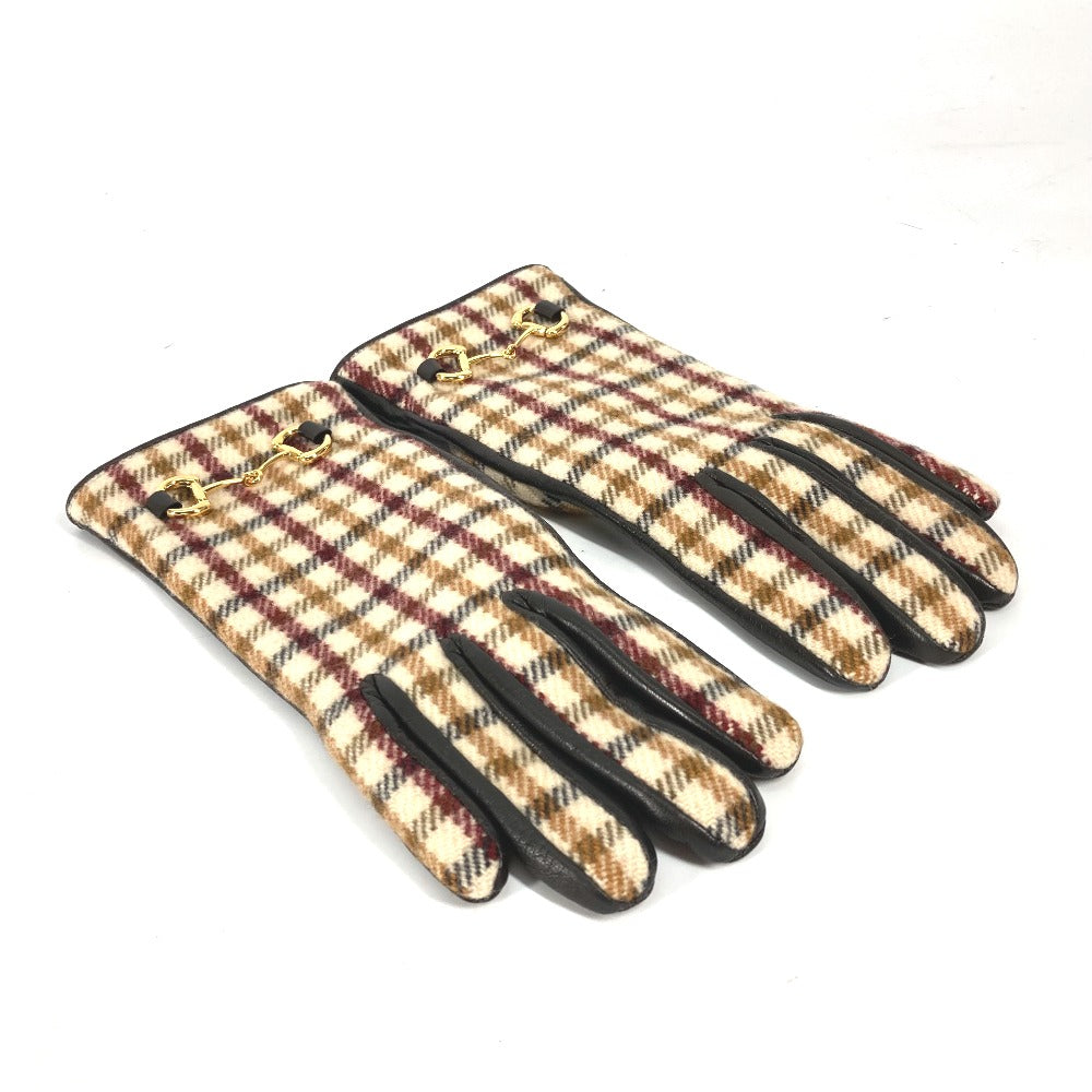 GUCCI Glove 603635 Wool/Cashmere, Leather Brown check Horsebit Women 7 S Used Authentic