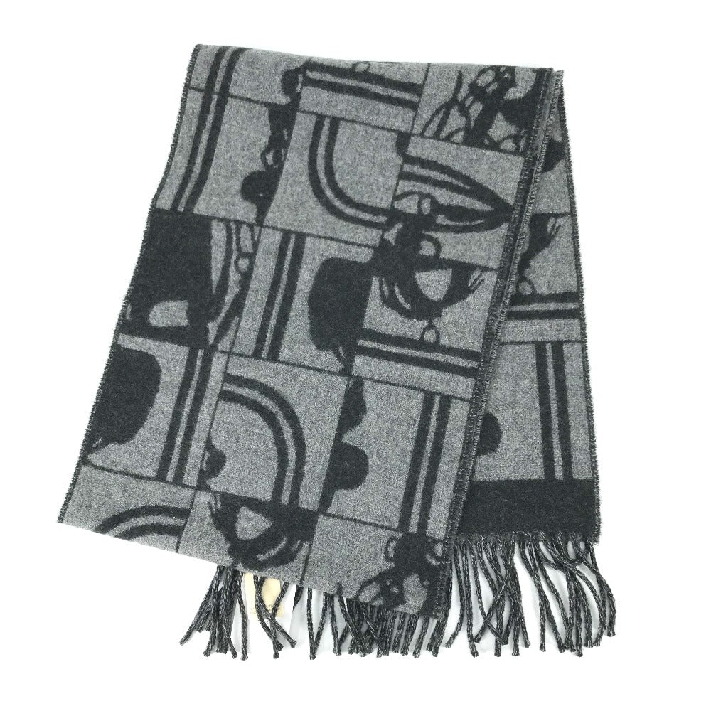 HERMES Scarf cashmere gray fringe Brides de Gala mens(Unisex) Used Authentic