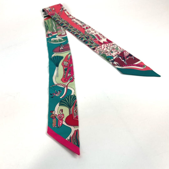 HERMES scarf 063536S silk Green x pink type Twilly Twilly EXPOSITION UNIVERSELL Women Used Authentic