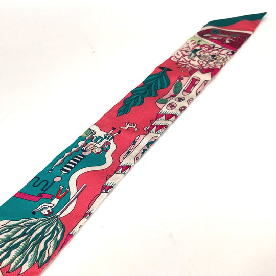 HERMES scarf 063536S silk Green x pink type Twilly Twilly EXPOSITION UNIVERSELL Women Used Authentic