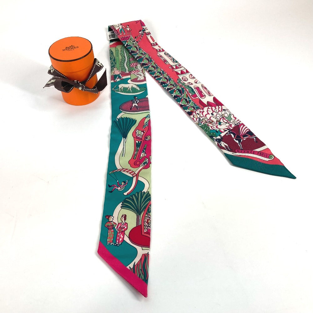 HERMES scarf 063536S silk Green x pink type Twilly Twilly EXPOSITION UNIVERSELL Women Used Authentic