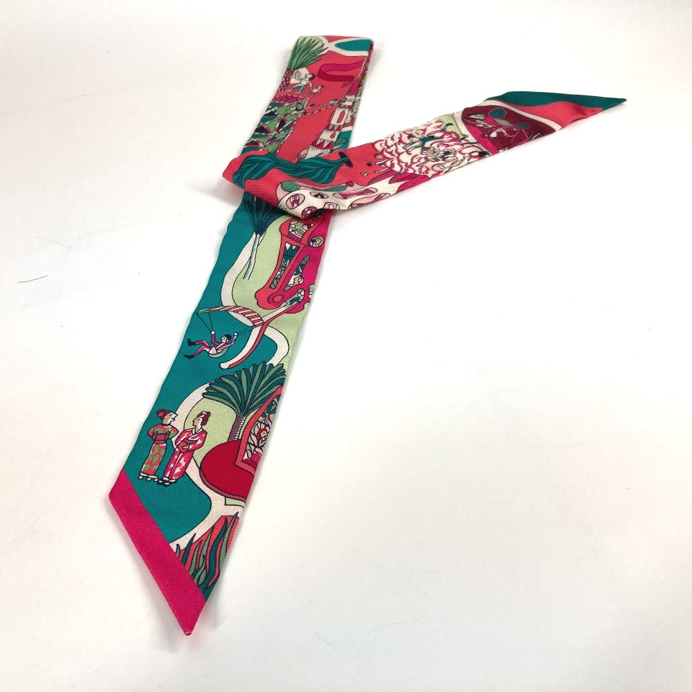 HERMES scarf 063536S silk Green x pink type Twilly Twilly EXPOSITION UNIVERSELL Women Used Authentic