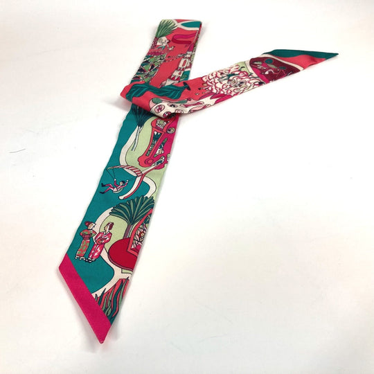 HERMES scarf 063536S silk Green x pink type Twilly Twilly EXPOSITION UNIVERSELL Women Used Authentic