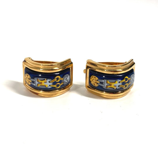 HERMES Earring Gold Plated Gold x Blue H pattern Cloisonn Emile Women Used Authentic