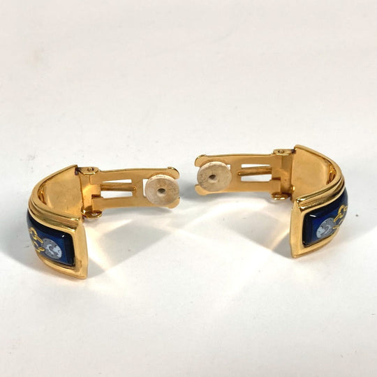 HERMES Earring Gold Plated Gold x Blue H pattern Cloisonn Emile Women Used Authentic