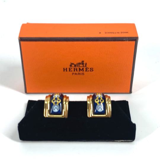 HERMES Earring Gold Plated Gold x Blue H pattern Cloisonn Emile Women Used Authentic