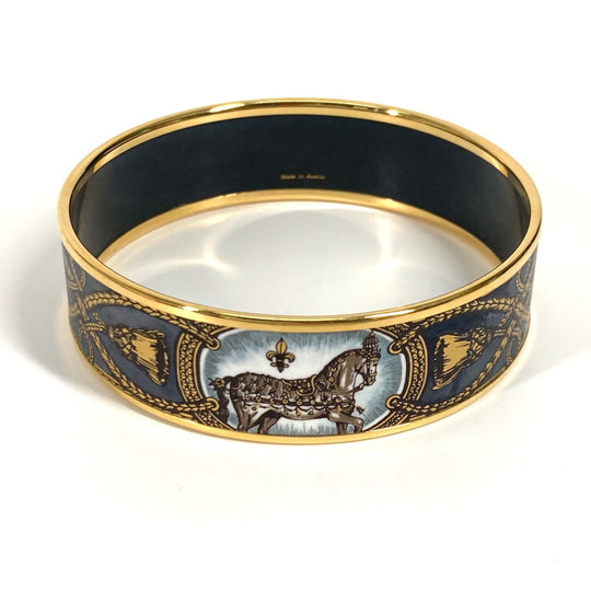 HERMES Bangle Cloisonne Black x Gold Horse horse Emaille GM Women Used Authentic