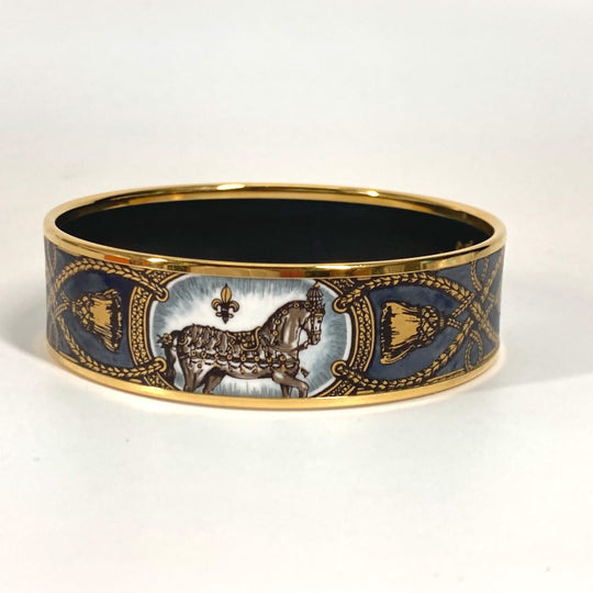 HERMES Bangle Cloisonne Black x Gold Horse horse Emaille GM Women Used Authentic