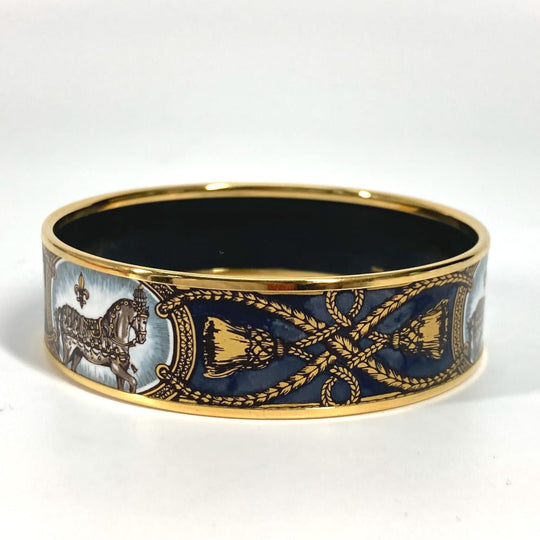 HERMES Bangle Cloisonne Black x Gold Horse horse Emaille GM Women Used Authentic