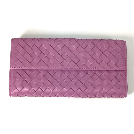 BOTTEGAVENETA Long Wallet Purse leather Purple type W Hook Wallet  INTRECCIATO Women Used Authentic
