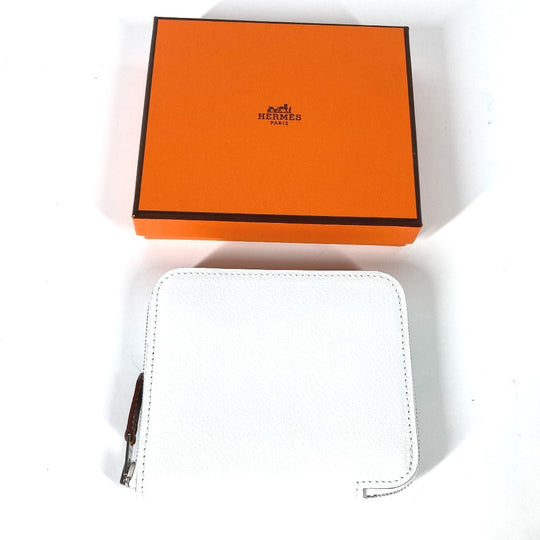 HERMES Coin case leather white Azap silk in compact Women Used Authentic