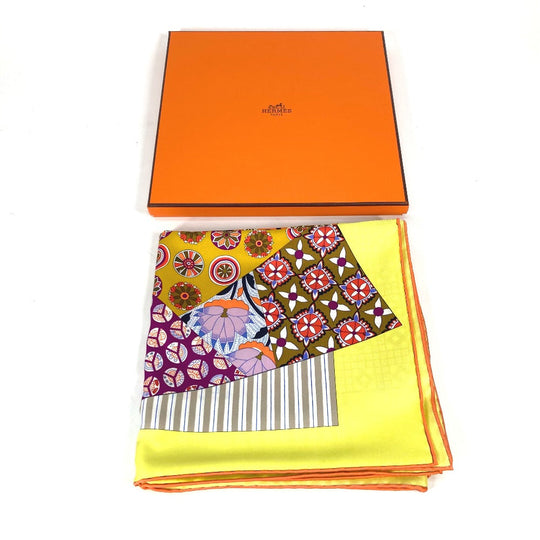 HERMES scarf silk Yellow x multicolor Carre 90 LArt du Sarasa Sarasa Art Women Used Authentic
