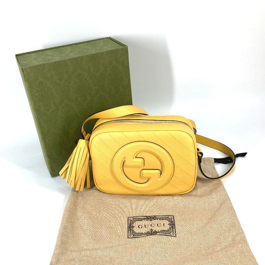 GUCCI Shoulder Bag 742360 leather yellow Round interlocking G tassel Blondy Women Used Authentic