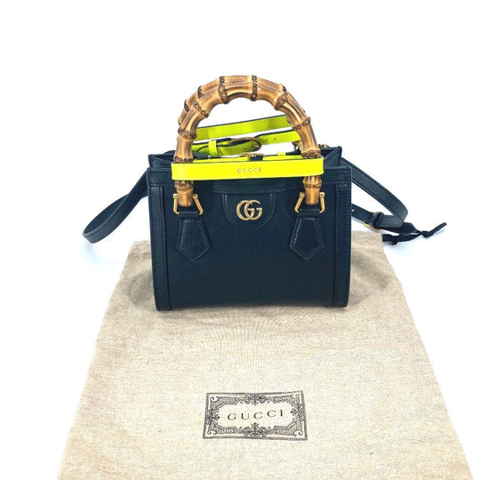 GUCCI Tote Bag 655661 leather black Neon color strap included Diana Mini Bamboo Women Used Authentic