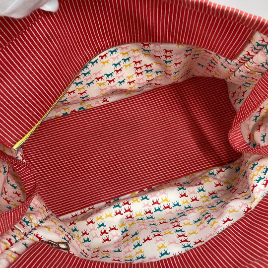 HERMES Tote Bag canvas Red Mothers bag Caval Horse Cheval Stripes Kids Used Authentic