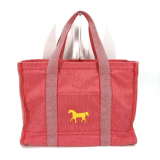 HERMES Tote Bag canvas Red Mothers bag Caval Horse Cheval Stripes Kids Used Authentic