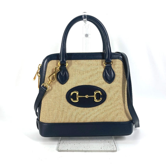 GUCCI Handbag 621220 Canvas leather beige x dark navy Horsebit 1955 Small top handle Women Used Authentic