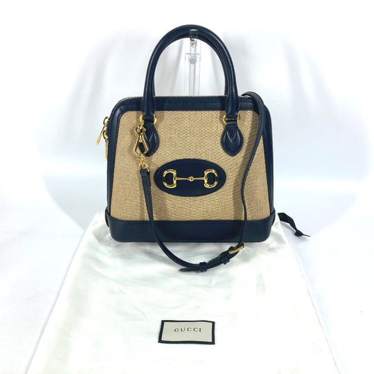 GUCCI Handbag 621220 Canvas leather beige x dark navy Horsebit 1955 Small top handle Women Used Authentic