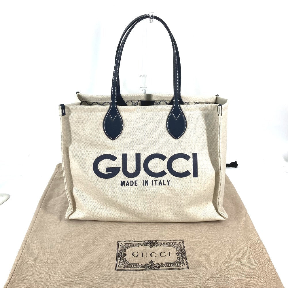 GUCCI Tote Bag 772176 Canvas leather Beige typex black Japan limited JAPAN logo print Women Used Authentic