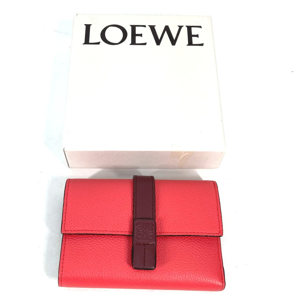 LOEWE Trifold wallet leather Red wine red By color Anagram Small Vertical Wallet Women Used Authentic