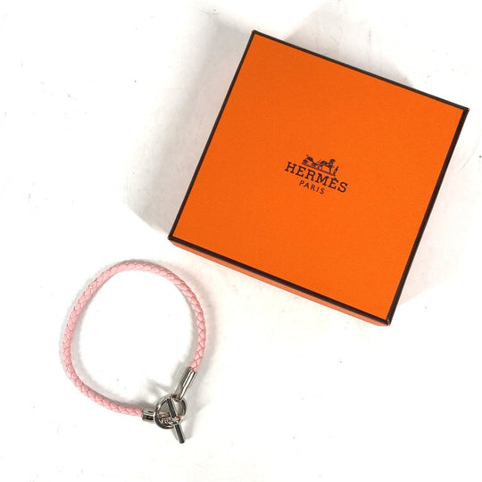 HERMES bracelet leather pink Braid Grenan Women Used Authentic