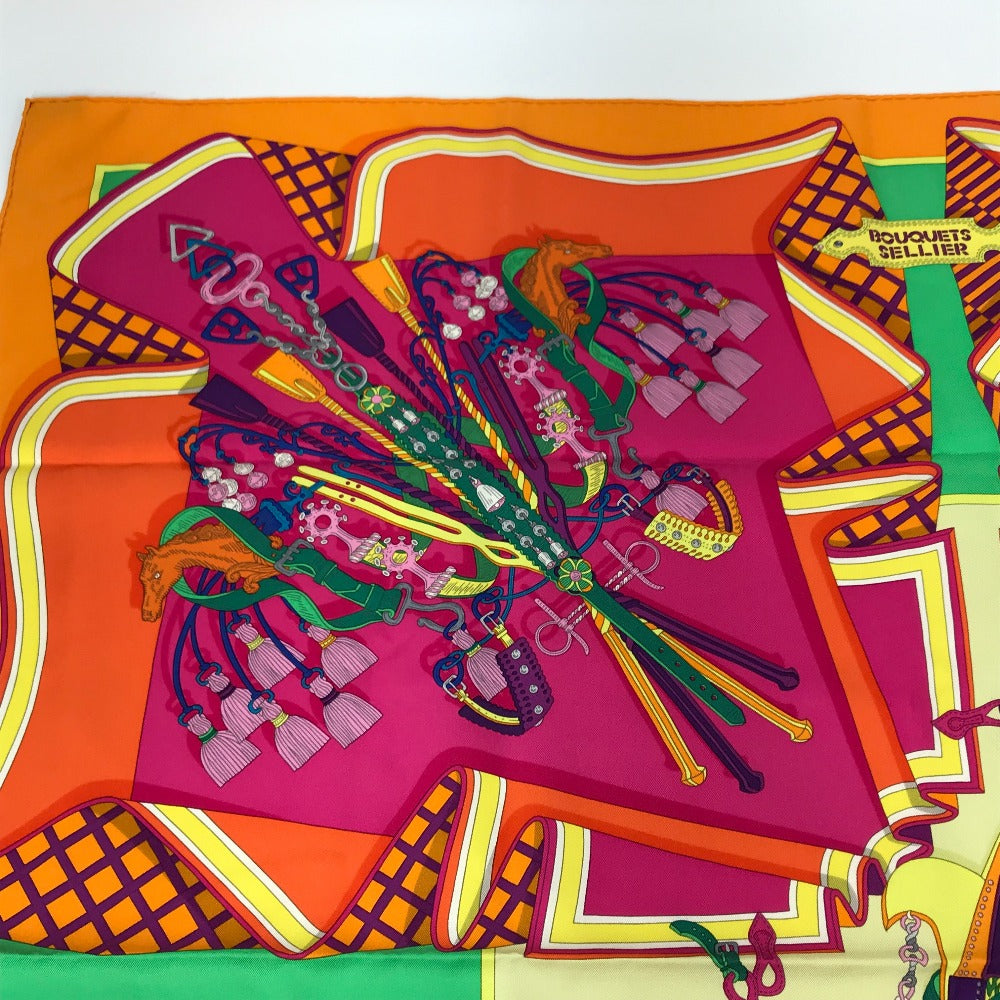 HERMES scarf silk Orange BOUQUETS SELLIER Women Used Authentic