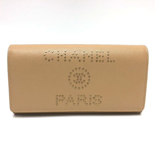 CHANEL Long Wallet Purse Caviar skin beige Long wallet Studs logo Women Secondhand Authentic
